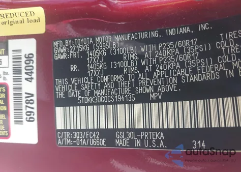 2012 Toyota Sienna Le z USA, uszkodzony, nr VIN 5TDKK3DC0CS194135